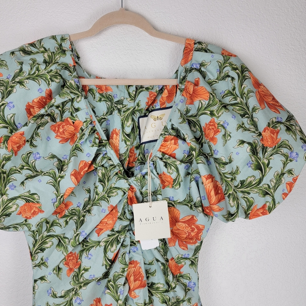 NWT Agua by Agua Bendita Camelia Peonia Atardecer Ruched Midi Dress Large - Picture 7 of 14